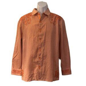 Lamasini Shirt Mens XL Orange Button Cotton Blend LS Western Rhinestone Cowboy